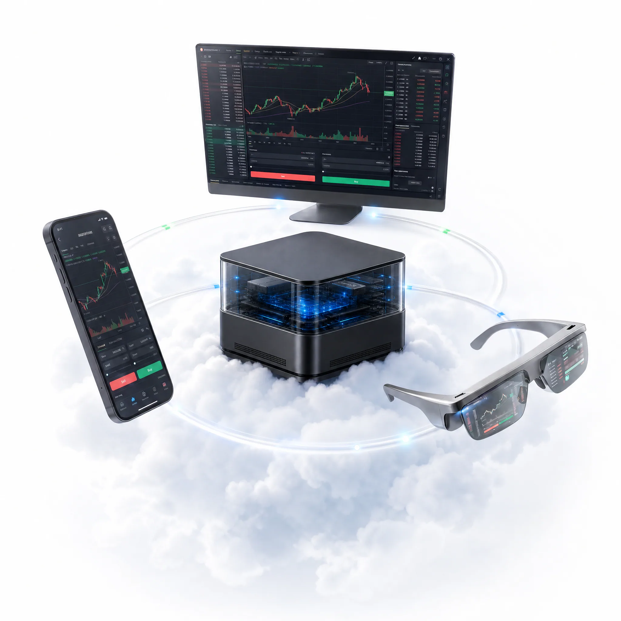 Personal cloud device visual showing a phone, computer, and smart glasses connected to the same cloud Protected Server.