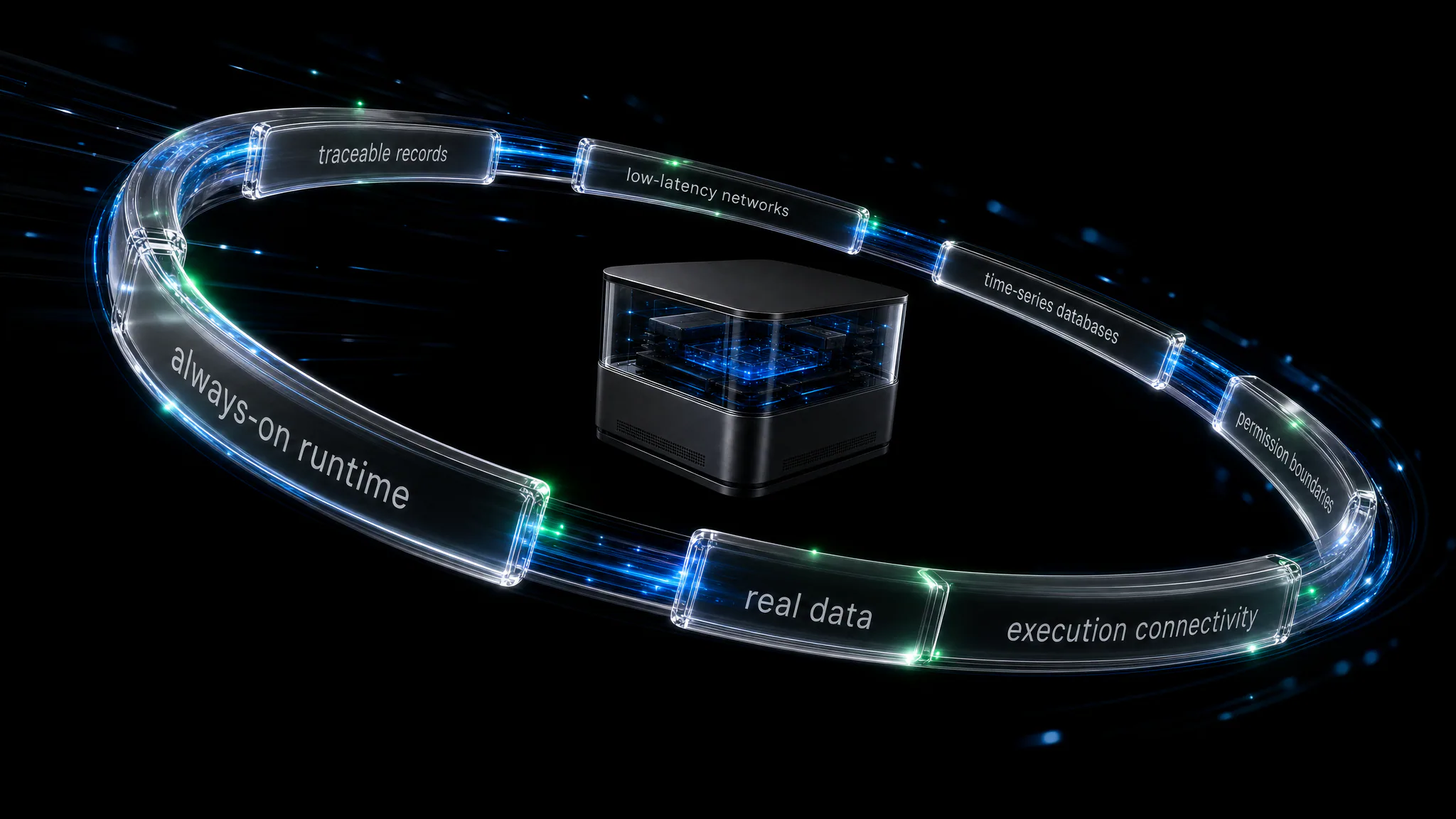 Trading & Markets runtime ecosystem visual connecting always-on operation, real data, execution connectivity, permission boundaries, time-series databases, low-latency networking, and traceable records into a closed loop.