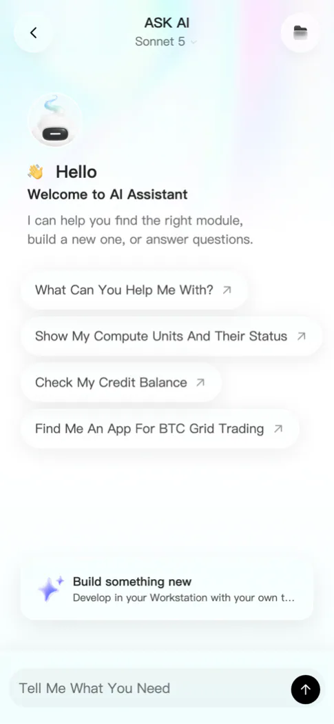 The real Ask AI platform assistant, suggesting ways to check server status and balance or find an app.