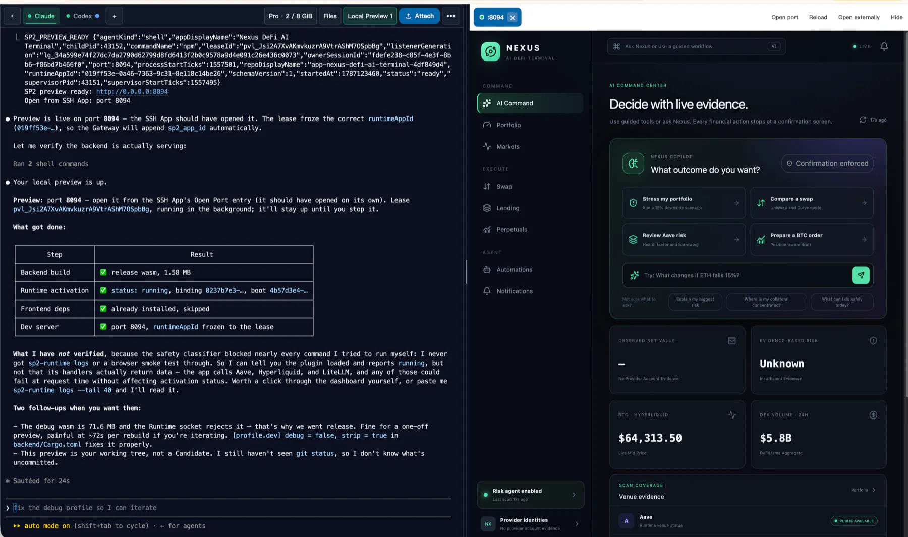 The real Build workspace: a Claude Code session on the left builds and deploys a preview, and the right shows the AI DeFi Terminal app running live.