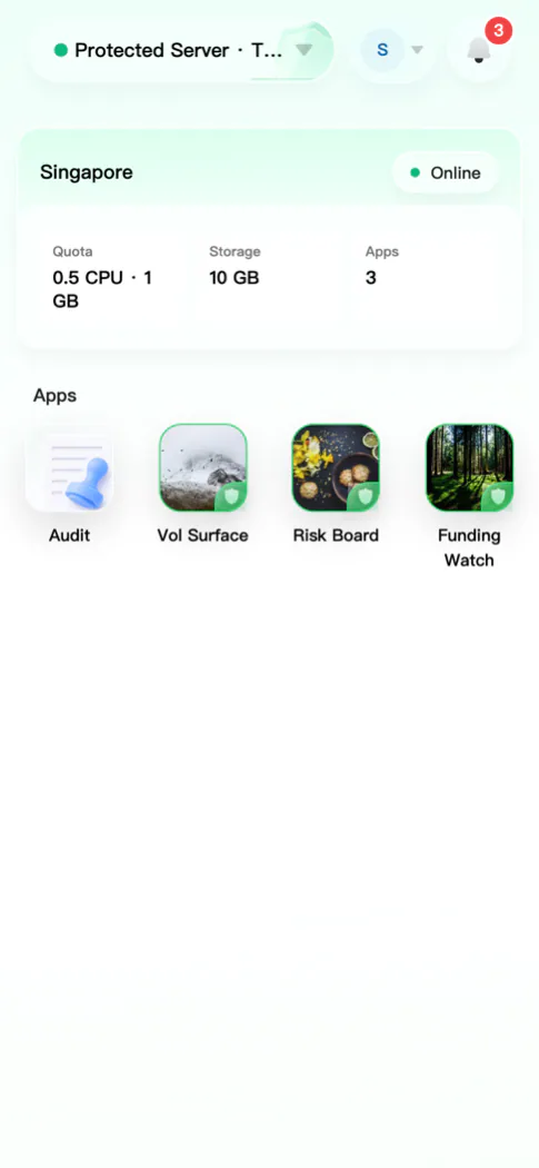 The real Protected Server desktop, showing the Tokyo Protected Server's online status, specs, and installed apps.