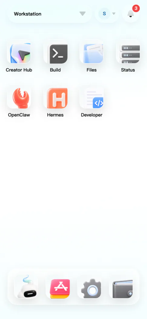 The real Workstation desktop, with Creator Hub, Build, Files, Status, and other development apps.